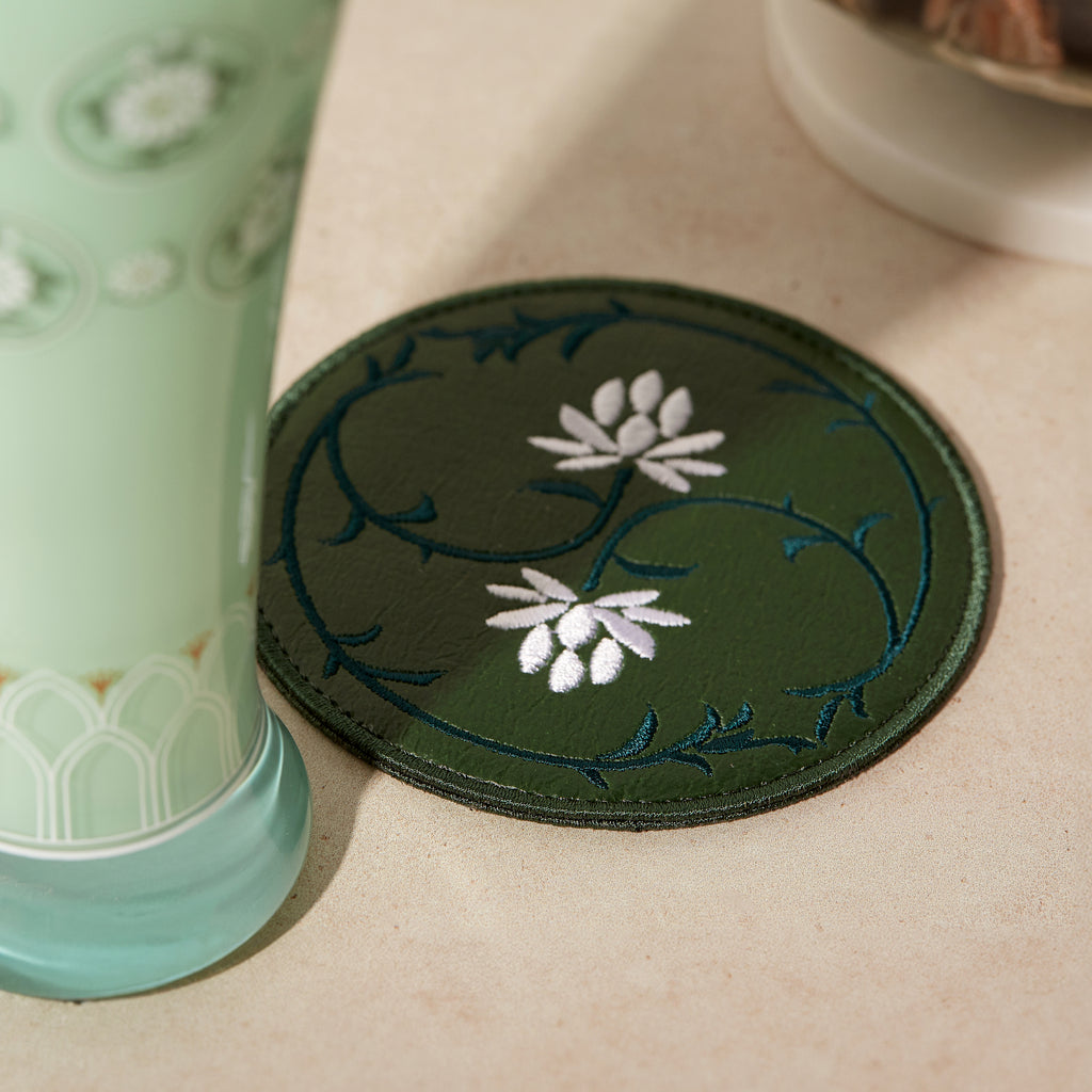 Buncheong Ware Lotus Embroidered Coaster: Deep Green | T_K | Coasters | WEDNSY