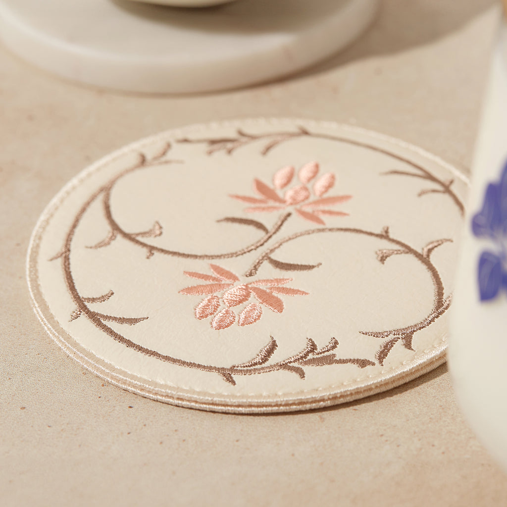 Buncheong Ware Lotus Embroidered Coaster: Light Brown | T_K | Coasters | WEDNSY