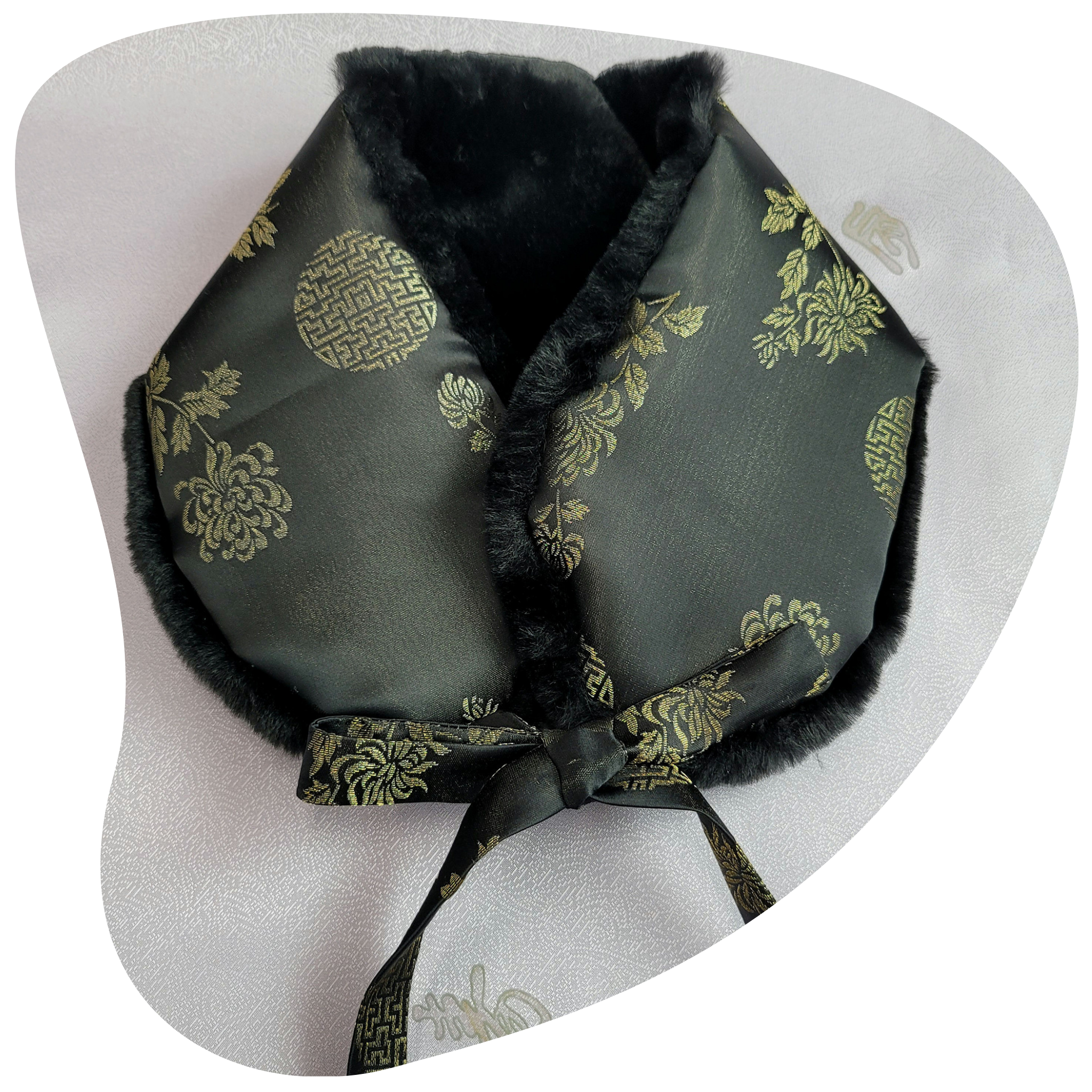 Hanbok Eco-Fur Ear Muffler with Gold Brocade (Gold-Black, Gold-Ivory)