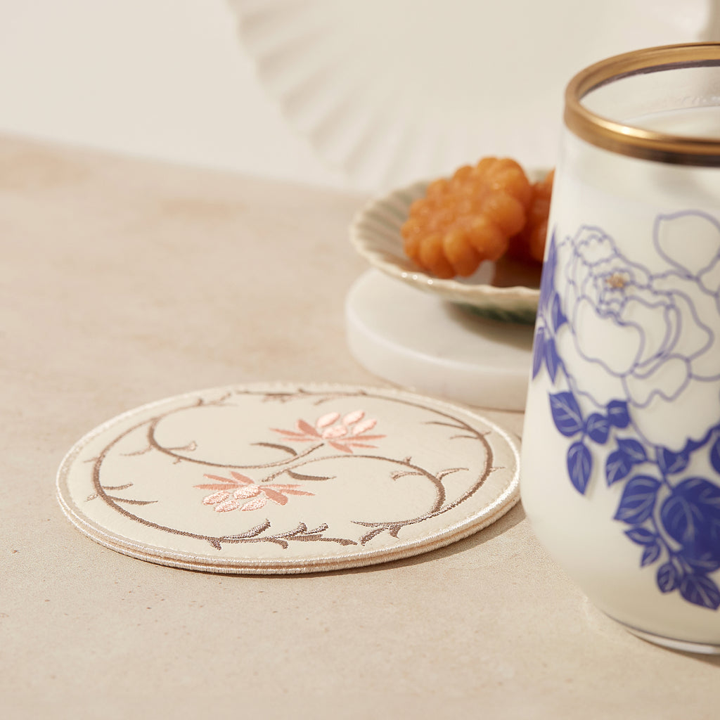 Buncheong Ware Lotus Embroidered Coaster: Light Brown | T_K | Coasters | WEDNSY