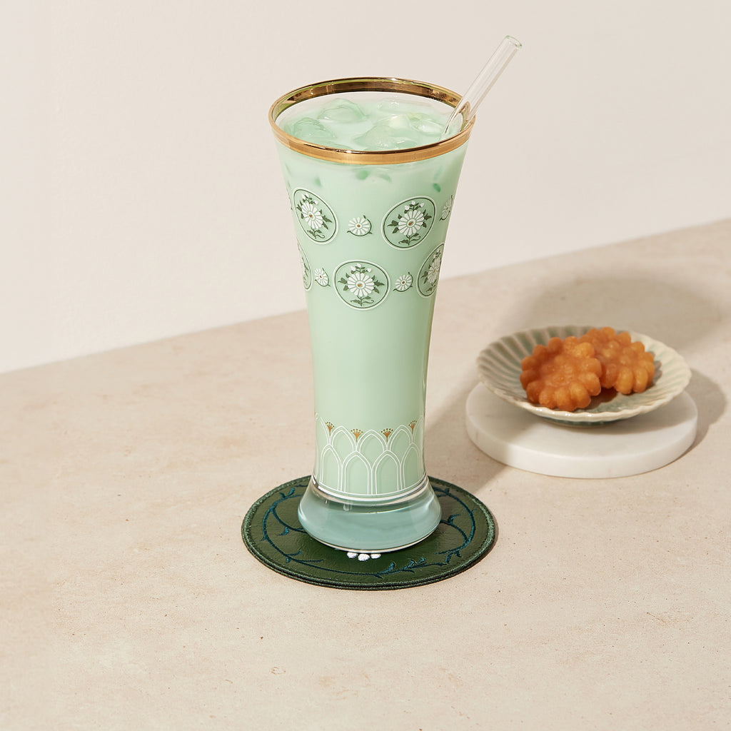 Buncheong Ware Lotus Embroidered Coaster: Deep Green | T_K | Coasters | WEDNSY