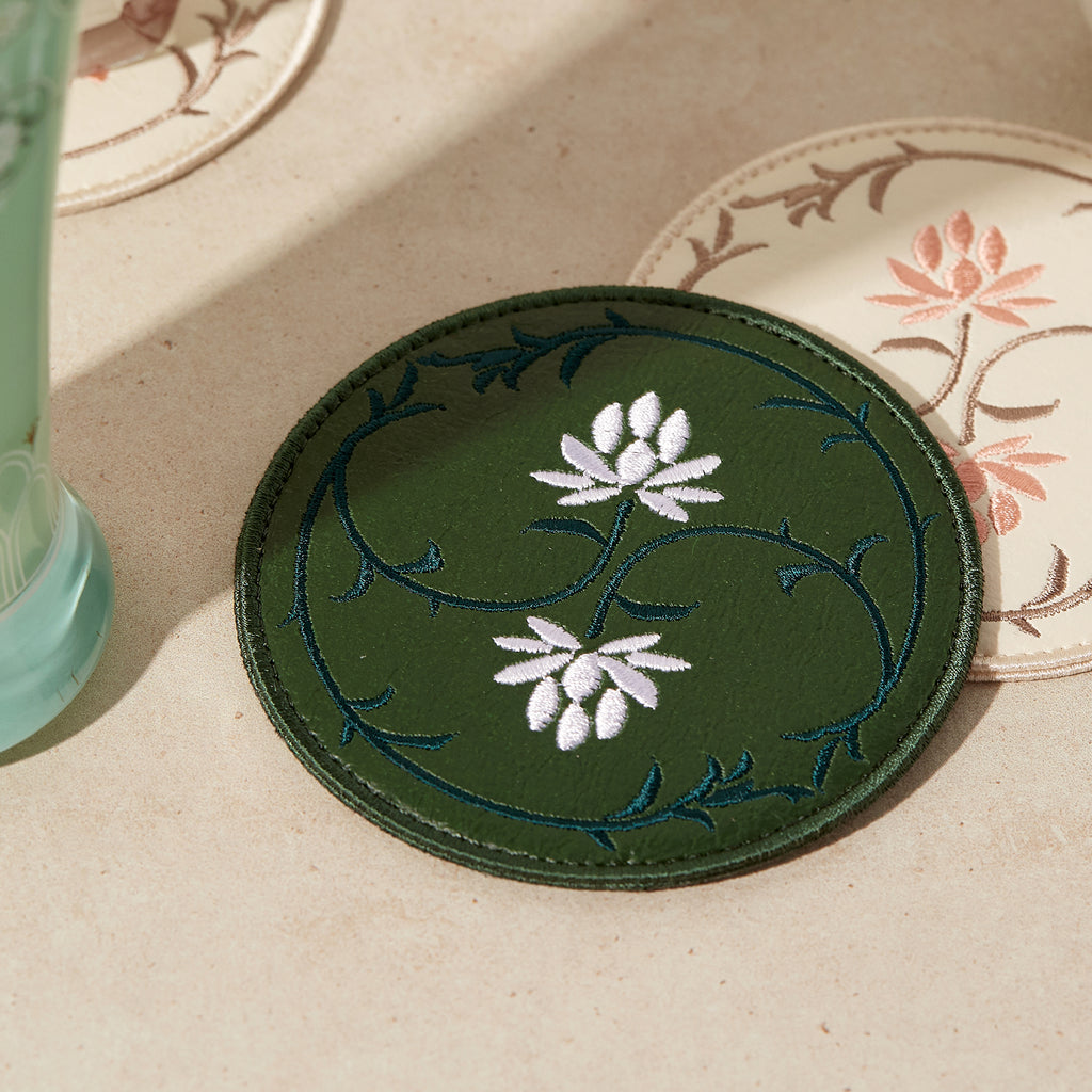 Buncheong Ware Lotus Embroidered Coaster: Deep Green | T_K | Coasters | WEDNSY